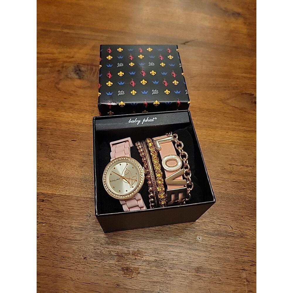 BABY PHAT WATCH WITH BRACELET BAND BANGLES PINK LOVE RHINESTONE